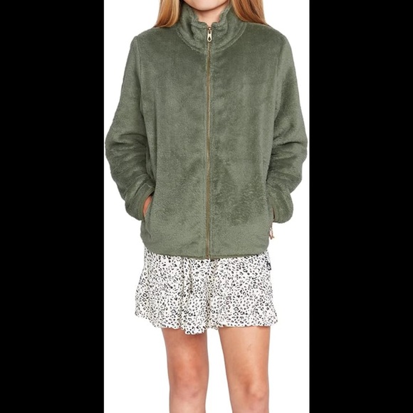 VOLCOM GIRLS PHEELIN PHUZZY ZIP FLEECE - LIGHT ARMY SAGE GREEN WARM JACKET - Picture 3 of 8